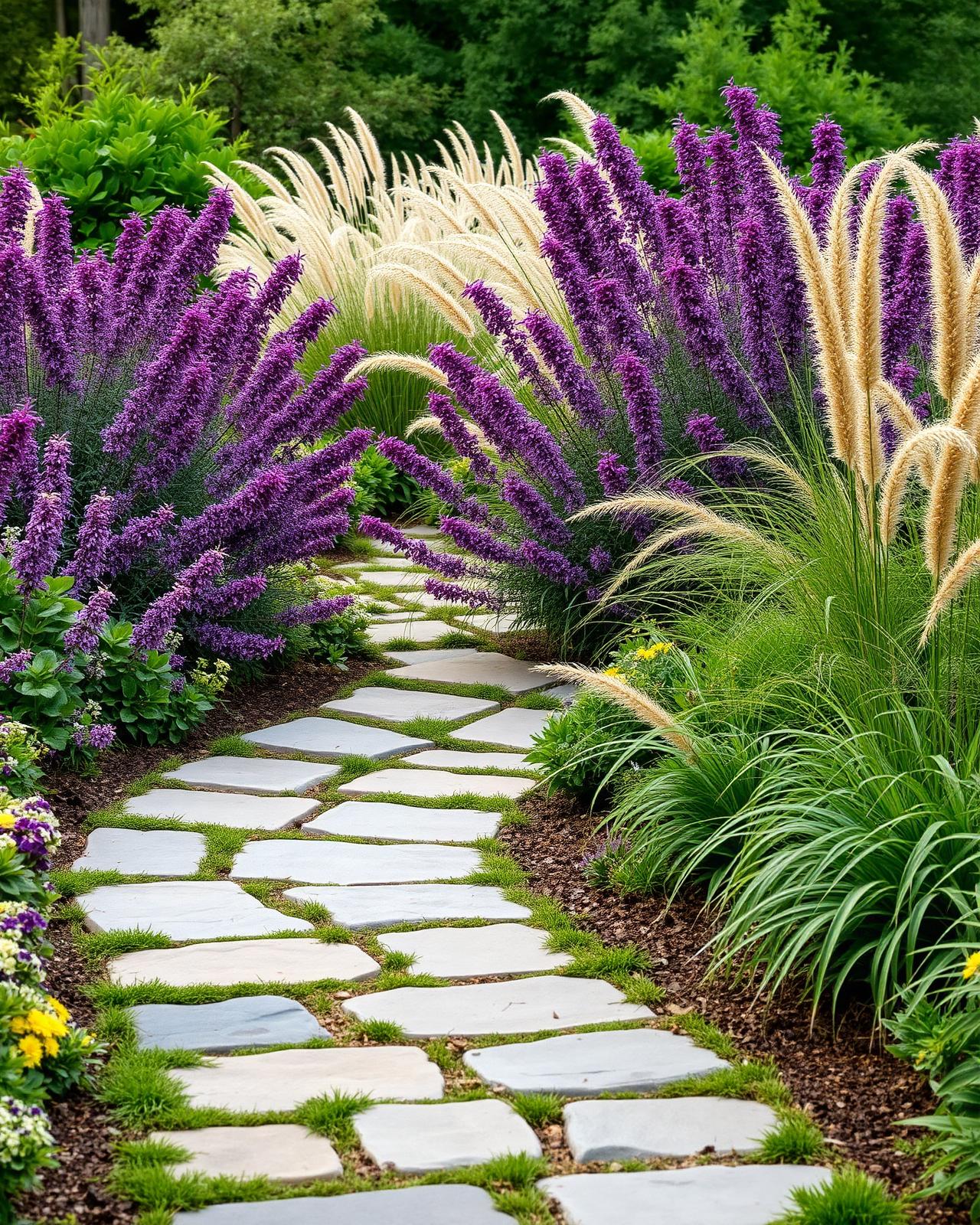 A flagstone path winding through perennial beds