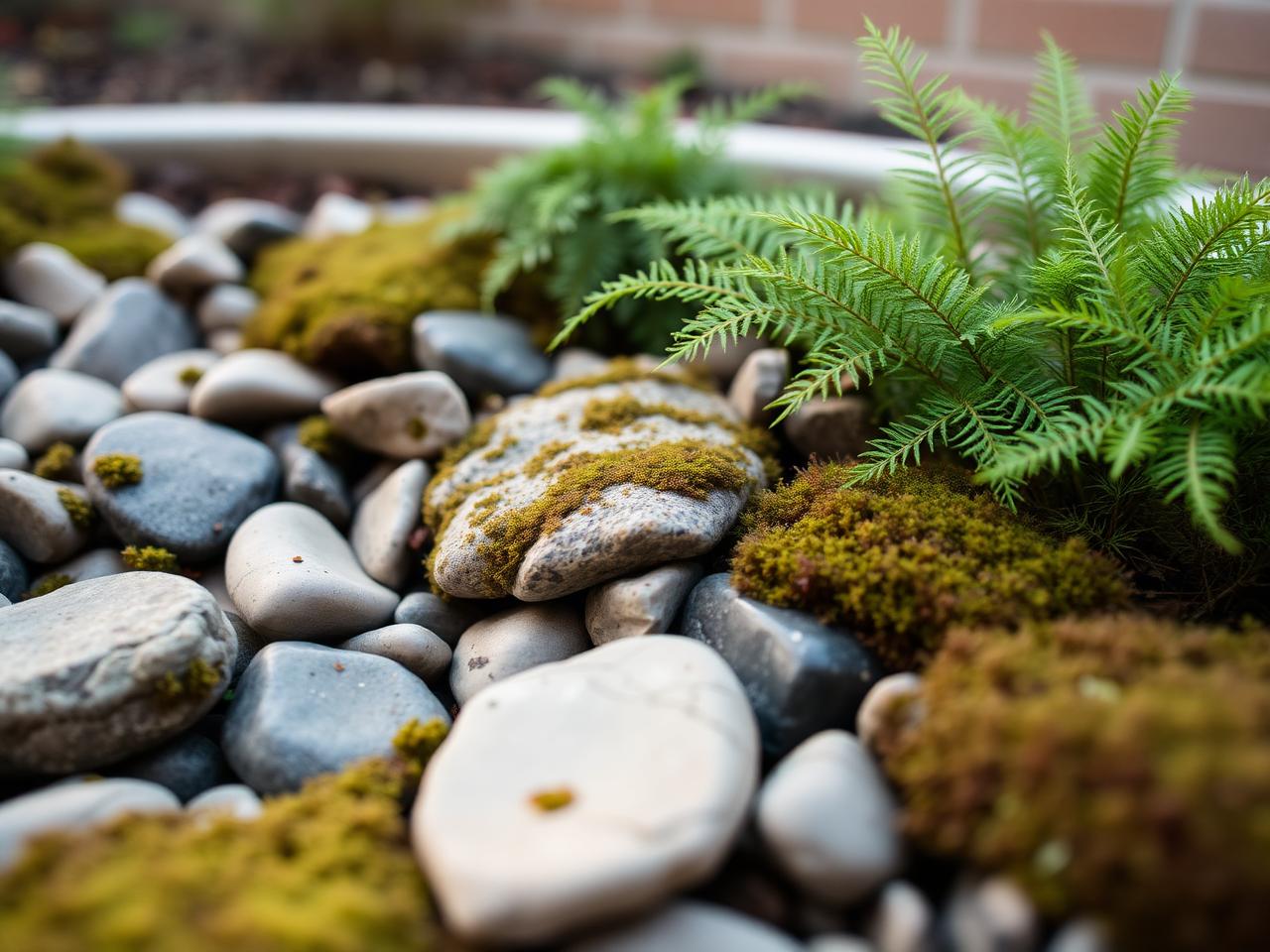 River stones, moss and ferns nestled in a private garden bed