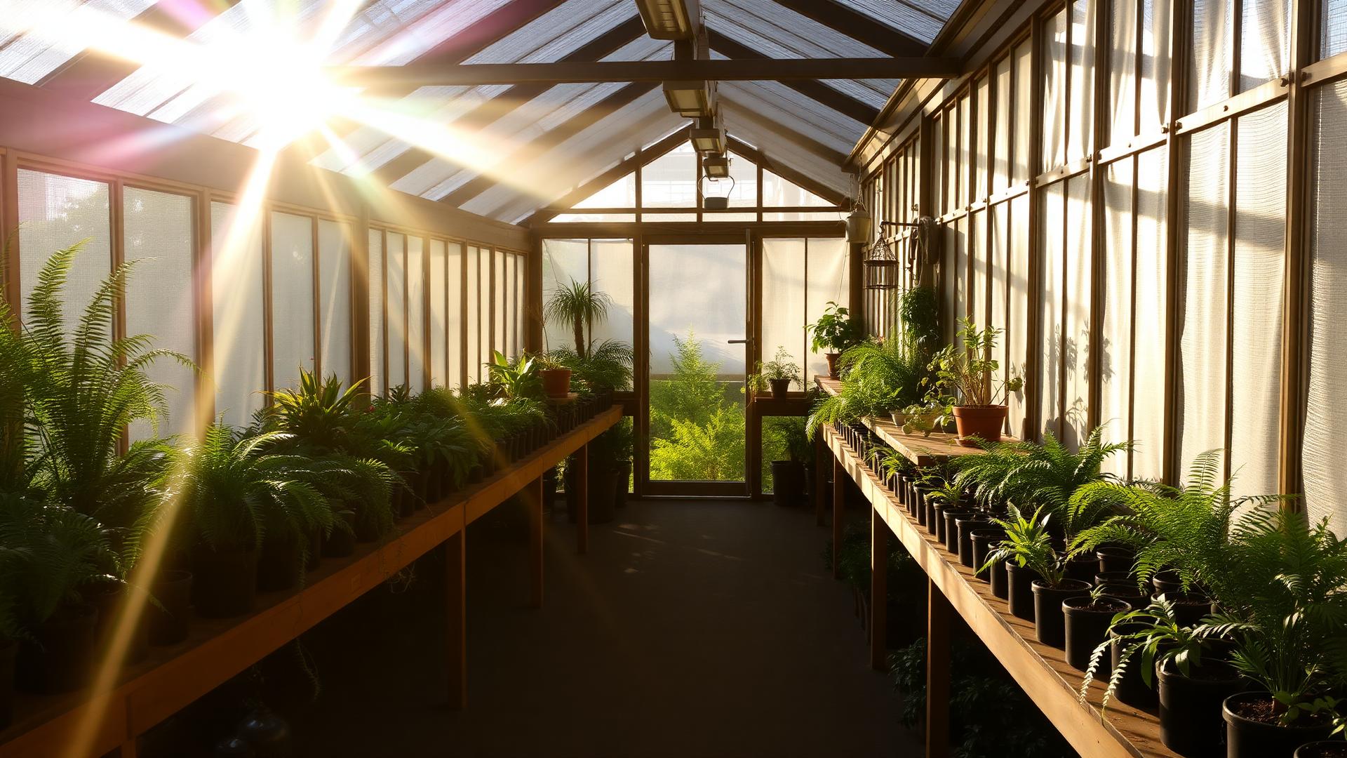 Sunlit greenhouse interior with rows of potted plants