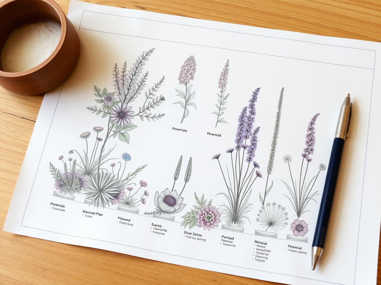 Hand-drawn planting plan, on paper.