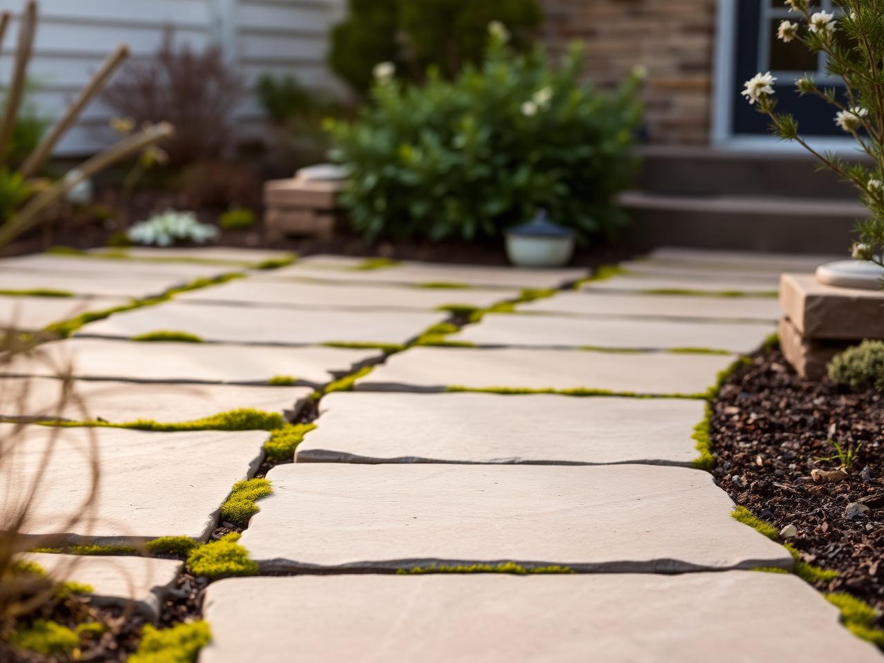 Hand-laid flagstone, mossed joints.