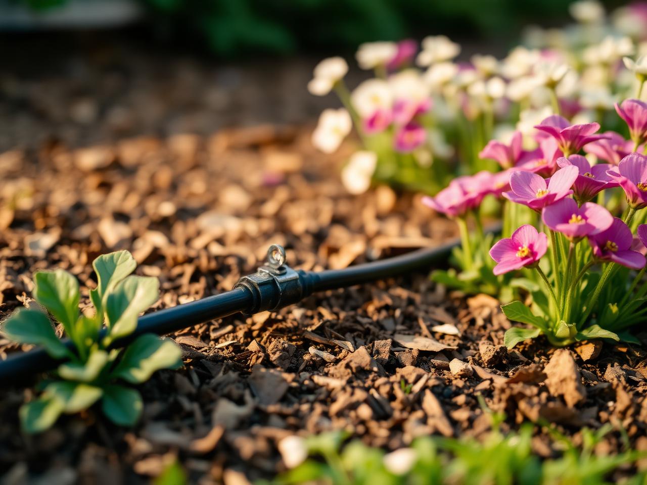 Drip line tucked beneath the mulch.